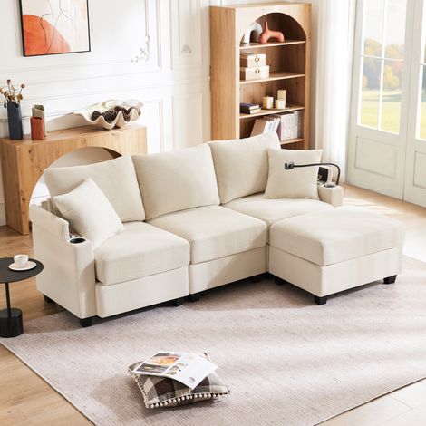 3-Sitzer Ecksofa aus Cord mit Hocker, USB und Becherhalter HAVRYA (1/5)