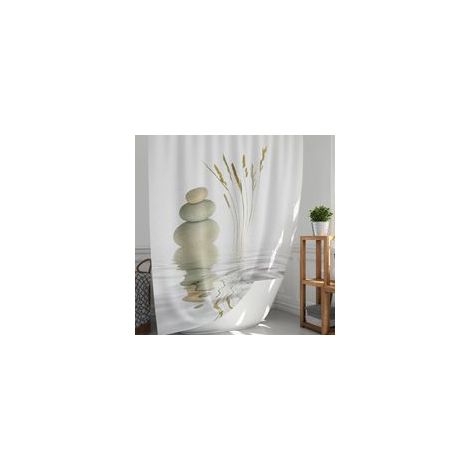 Cortina de ducha de 120x180 cm, de poliéster con estampado zen de agua y piedra, impermeable y con ojales.