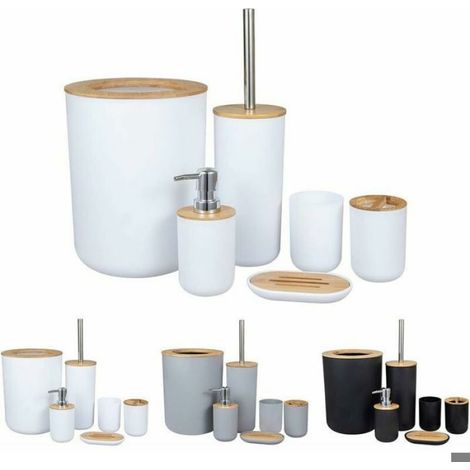 Set 6 pièces Accessoires salle de bain, Bambou noir, Poubelle grande capacité, Porte-brosse 2 emplacements, Maison Hôtel (1/4)