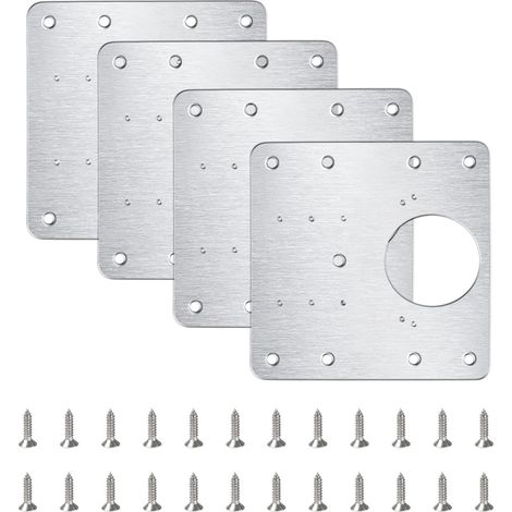Plaque de réparation de charnière en acier inoxydable, lot de 4 plaques de réparation de charnière de cuisine avec 24 vis, kit de réparation de charnière de cuisine 9 x 9 cm
