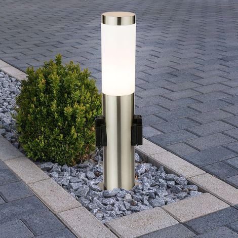 Etc-Shop – Potelet d'extérieur en acier inoxydable – Lampe LED 7W IP44 – 2 prises de courant intégrées – Hauteur 45cm, diamètre 7,6cm (1/5)