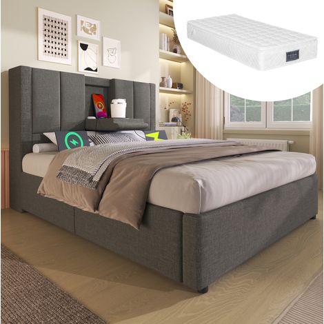 Stauraumbett 90x200 cm mit Matratze, USB-Ladegerät und verstecktem Getränkehalter, grau HAVRYA (1/5)