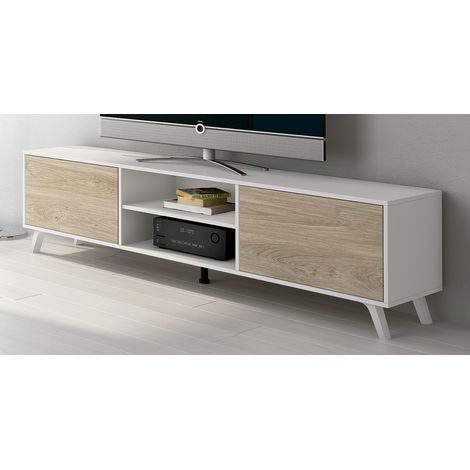 Meuble TV coloris blanc/chêne - Longueur 180 x Profondeur 39,6 x Hauteur 49 cm -PEGANE- (1/2)