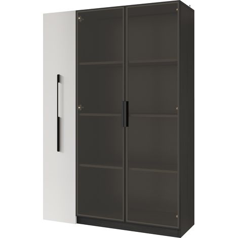 Vitrine LED multifonction 110,5×35×160 cm avec porte en verre, tiroir latéral et roulettes, design moderne noir et blanc (1/5)
