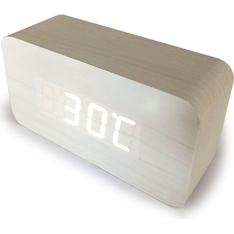 blanc Numérique Réveil Bois Réglable Luminosité Contrôle Vocal LED Horloge Rectangle Affichage Temps Température Décor À La Maison (1/3)