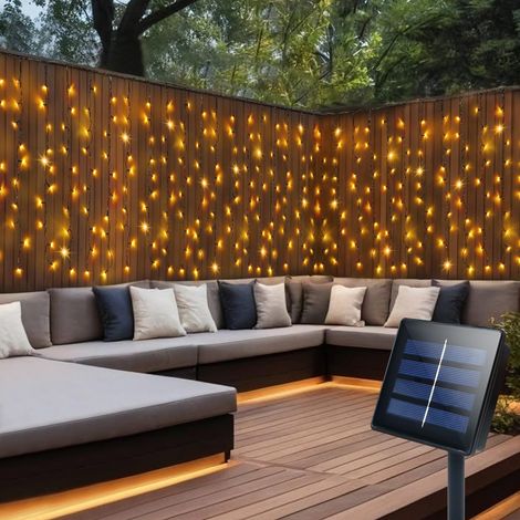 Guirlandes Lumineuses Solaires Rideau d'Extérieur 4M x 1M 200 LED Fil Vert Étanches Guirlandes Lumineuses Rideau pour Jardin Patio Gazebo Clôture Décoration Mariage Fête - Blanc Chaud (1/5)