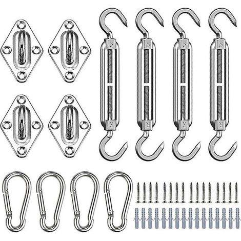 1 kit accessoire voile d'ombrage, mousqueton inox, tendeur acier, ancrage mural, fixation extérieure jardin terrasse (1/4)