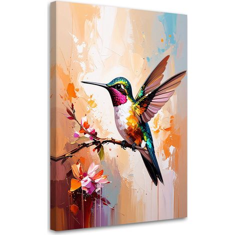 Quadro su tela, Uccello colorato Colibrà su un ramo - 40x60 (1/2)