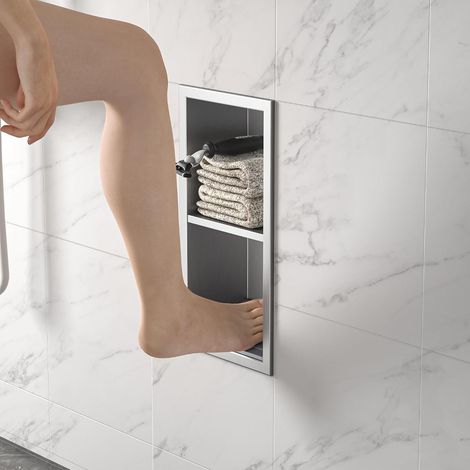 Duschnische - Niche murale en acier inoxydable 304 avec étagère brossée - 31 x 12 cm - Pour salle de bain - Repose-pieds avec montage sur le dessus - Pas de carrelage nécessaire (1/5)