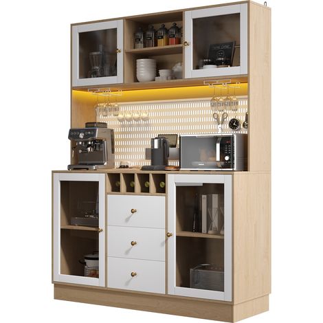 Credenza alta 140x40x185,7 cm in MDF bianco con LED e portabicchieri - CHICFURN (1/5)