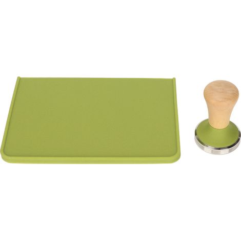Lot de 2 tapis de tassage café XL, tamper vert 51mm, coussin silicone antistatique antidérapant, protection poussière joint (1/5)