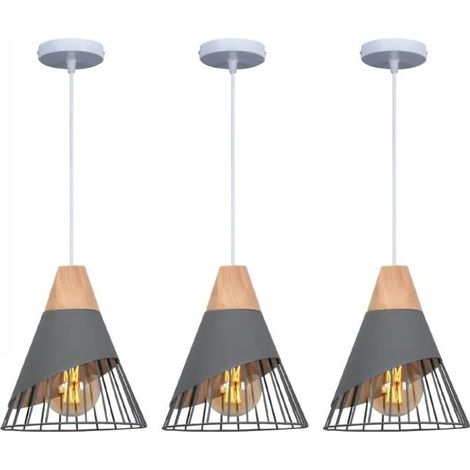U-DO 3Pcs Lustre en Fer/Bois,Ajustable Suspension Luminaire Vintage E27 Gris Lustre Plafonnier éclairage de Salon Cuisine (1/4)