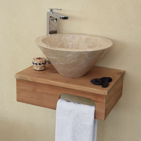 Meuble bas de salle de bain suspendu en teck massif – Dimensions L 44 x l 30 x h 15 cm – Découpe pour serviette – Résistant à l'humidité – Wildwater