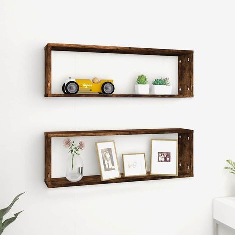 Lot de 2 Étagères murales cubiques Étagère de Rangement - Meuble de rangement Chêne fumé 80x15x26,5 cm BV757547 - BonneVie (1/5)