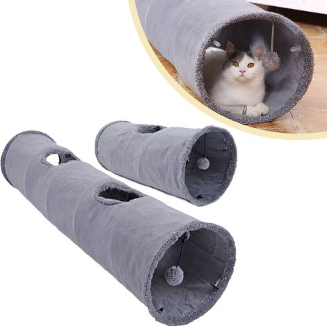 Túnel lúdico para gatos con pelota integrada – 30 cm de diámetro, extensible (67–130 cm), plegable y lavable, fabricado en lino sintético resistente.