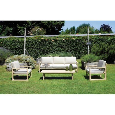 Set composto da 2 poltrone, divanetto e tavolino in legno di acacia color teak MALIGI HOME MG/FICUS Legno (1/4)