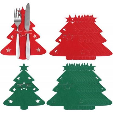 Porte-couverts 20 pièces Arbre de Noël en métal argenté, décoration de table rouge et verte pour fête de Noël (1/5)