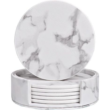 Lot de 6 sous-verres ronds avec support, texture marbre, pour boissons, blanc marbré (1/5)