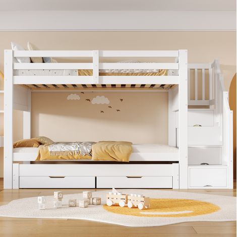 Lit superposé 90 x 200 cm avec lit gigogne, rangements et armoire, blanc REDOM (1/5)