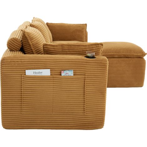 Sofá modular de 3 plazas con puf de terciopelo acanalado naranja MODENUIT (1/5)