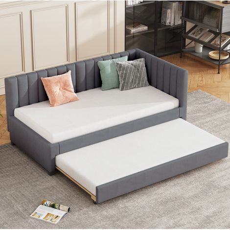 Letto divano imbottito grigio 90x200 cm in velluto, stile Mid-Century, con letto estraibile, testiera e rete a doghe (1/5)