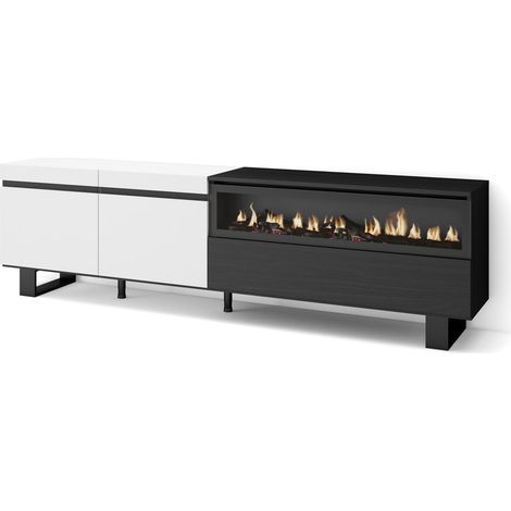 Skraut Home - Mueble TV, Televisión, Muebles de salón, almacenaje, 200x57x35cm, Para TV hasta 80", Chimenea eléctrica, Diseño industrial, Estilo Moderno, Blanco y negro (1/5)