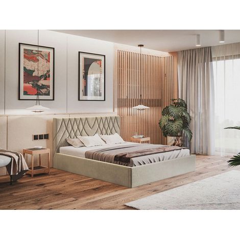 Lit rembourré avec rangement 160x200 velours beige Andri (1/4)