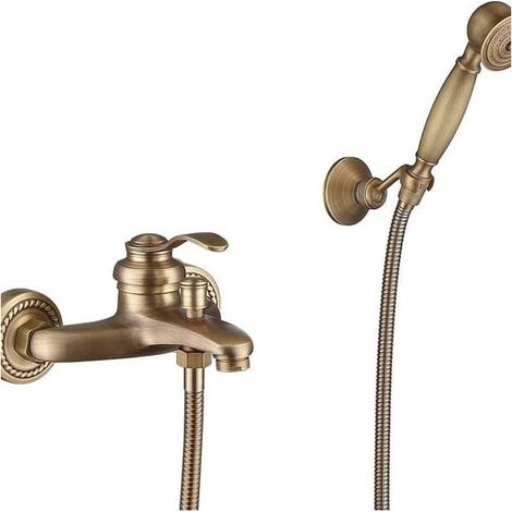 Robinet de baignoire avec douchette, finition laiton antique, fixation murale. (1/5)