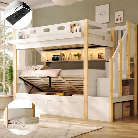 Cama alta 90x200 cm blanca con armario, estanterías y escritorio integrado, estructura de pino y MDF, sin colchón (1/5)