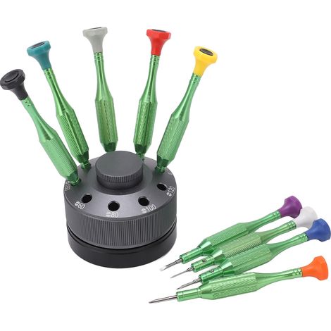 Coffret de tournevis pour la réparation de montres, 9 pièces, multifonctionnel, en acier inoxydable, avec support rotatif pour les travaux d'entretien. (1/5)