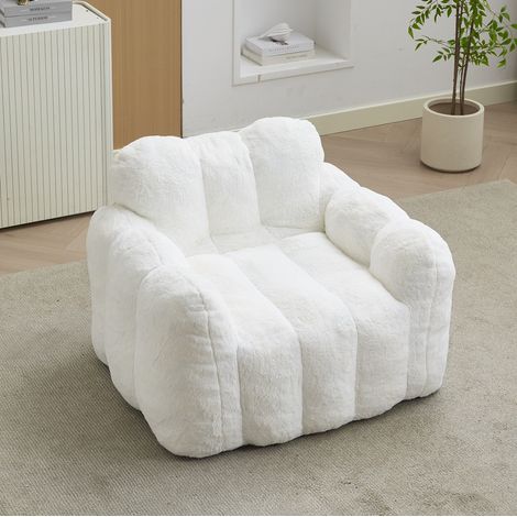 Sillón puff flor de loto, suave y cómodo, tejido plush, blanco (1/5)