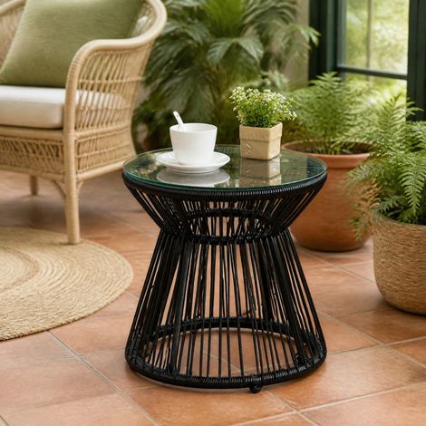 Mesa auxiliar redonda 40x40x42 cm de ratán PE negro con tablero de vidrio – MEUBLIV (1/5)