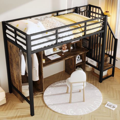 Letto A Soppalco 90 x 200 Cm Con Armadio, Scrivania E Scala Di Stoccaggio, Senza Materasso, In Metallo, Nero