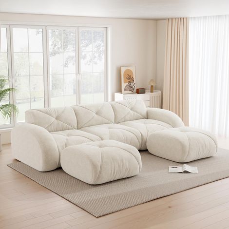 Canapé modulable 3 places en forme de U, sans structure, avec 2 poufs, idéal pour le salon, tissu confortable, antidérapant, aucun montage requis, blanc (1/5)