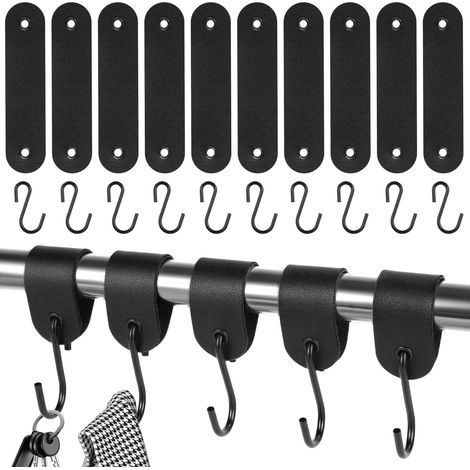 Juego de 10 ganchos con presillas de cuero - Para percheros - Acero inoxidable - Negro - 12,5 x 3 cm - Para armario y camping - Negro (1/5)