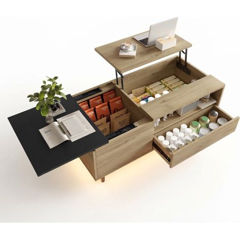 ELVMI Tavolino da Salotto Elevabile con Cassetto, Vani Aperti e Vano Nascosto, LED Blu, Legno Tecnico, Naturale (1/5)