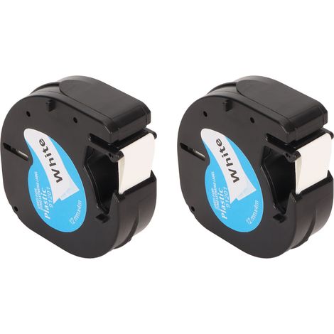 Deux rouleaux de ruban pour étiqueteuse, 12 mm de large, 13 pieds de long, imperméables et résistants à l'huile, fond noir avec lettrage blanc, adaptés aux étiqueteuses LM210D, LP420 et LM500TS. (1/5)