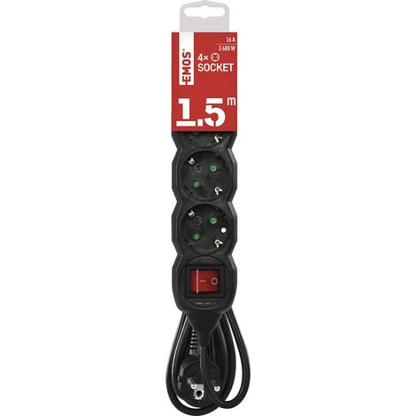 EMOS - Ciabatta elettrica a 4 prese 1,5 m - con interruttore - 4 prese Schuko ruotate 45° - 250 V, 16 A, 3680 W - Isolamento in PVC - H05VV-F3G 1,5 mm2 - Maggiore protezione da contatto - IP20 per (1/4)