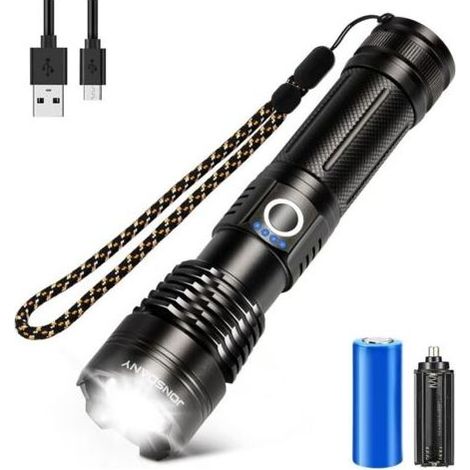 LED-Taschenlampe, wiederaufladbar, zoombar, lange Akkulaufzeit, IP68 wasserdicht und 5 Betriebsmodi für (1/4)