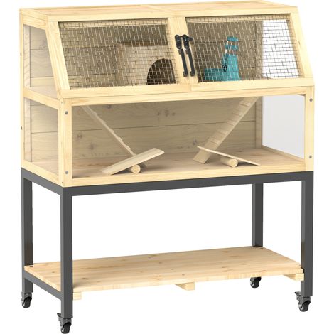 Cage pour hamster nain en bois, 87 x 43 x 101 cm, cage pour rongeurs avec surface de rangement, bouteille d'eau, cabane, balançoire, cage pour petits animaux avec roues, rampes, bois naturel