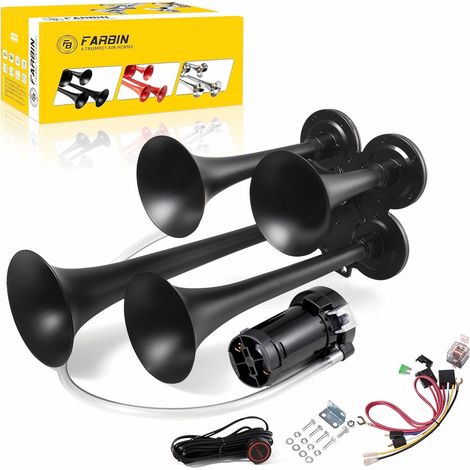Klaxon Camion 12V 4 Trompettes Klaxon de Train Puissant avec Compresseur Klaxons Voiture Universel pour Camion Pickup Jeep SUV Train Voiture Bateau (1/5)