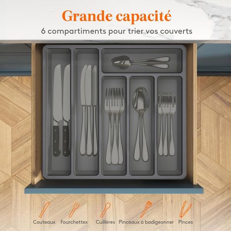 Bandeja para cubiertos con tapa para cajón, caja de almacenamiento de cubiertos de cocina, organizador de plástico para cubiertos, para cucharas, tenedores y cuchillos, 6 compartimentos, gris. (1/5)