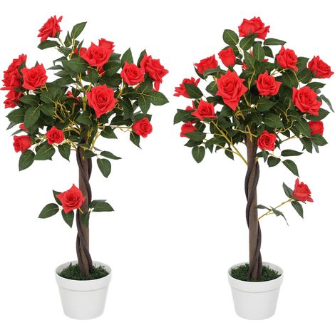 Set of 2 Artificial Plants White Rose Floral in Pot, Fake Plants for Home Indoor Decor, 90cm, Red (1/5)