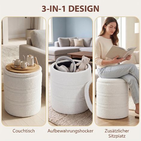 Tabouret de rangement Sherpa avec couvercle réversible, pouf rond blanc pour salon et chambre (1/5)