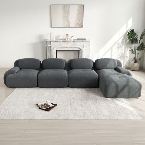 Canapé d’angle 4 places en tissu de pana gris, modulaire, sin montaje, con chaise longue