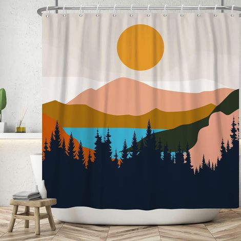 152x183cm Rideau de Douche Abstrait Paysage Naturel Aquarelle Montagne Soleil Forêt Moderne Art de Salle de Bain Étanche pour Baignoire (1/5)