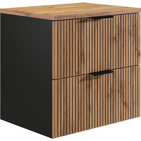 Mobile sotto lavabo sospeso con scanalature con ripiano Naturale chiaro e nero 60 cm - MADELA (1/3)