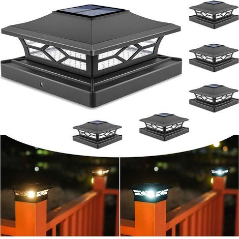 Lampes solaires pour poteaux : lot de 6 lampes noires étanches pour poteaux de terrasse, quai ou clôture, 2 modes de couleur, pour poteaux en bois/vinyle 4x4/6x6. (1/5)