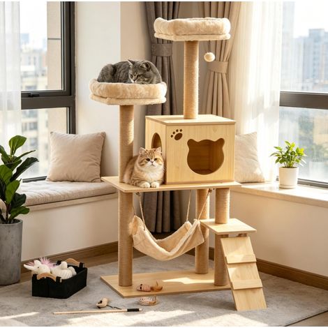 Arbre à chat en bois tendre avec plateformes multi-niveaux et accessoires de jeu (1/5)