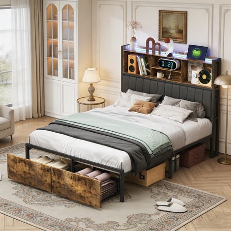 Lit 160x200 cm, Lit Double avec 2 Tiroirs, Cadre de Lit Métal-Bois avec Tête de Lit à Rangement, Prise USB, Bandeau Lumineux LED, Dossier Rembourré PU (1/5)